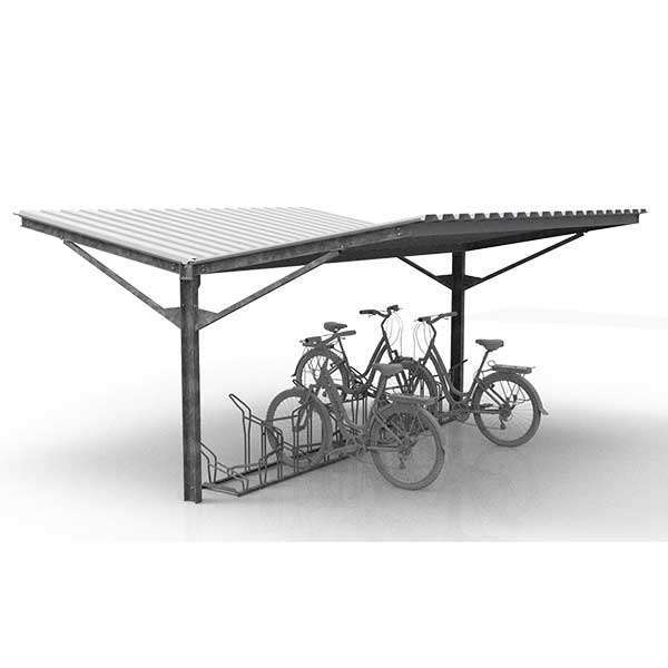 FalcoLempo dubbelzijdige overkapping zonder kolommen, ideaal voor efficiënte en duurzame fiets- en scooteropslag.