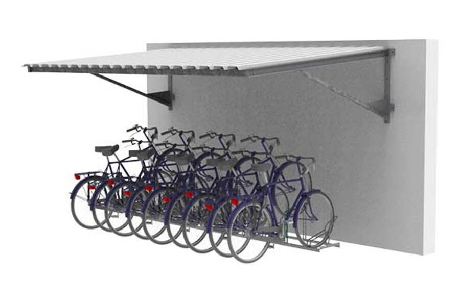 FalcoLempo Luifel bevestigd aan een bakstenen muur, ideaal voor flexibele en duurzame overkapping van fietsen en opslag.