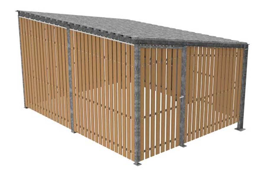 FalcoLempo berging met robuuste staalconstructie en duurzame FSC® gecertificeerde hardhouten wanden, ideaal voor veilige fietsopslag en andere opslagbehoeften.